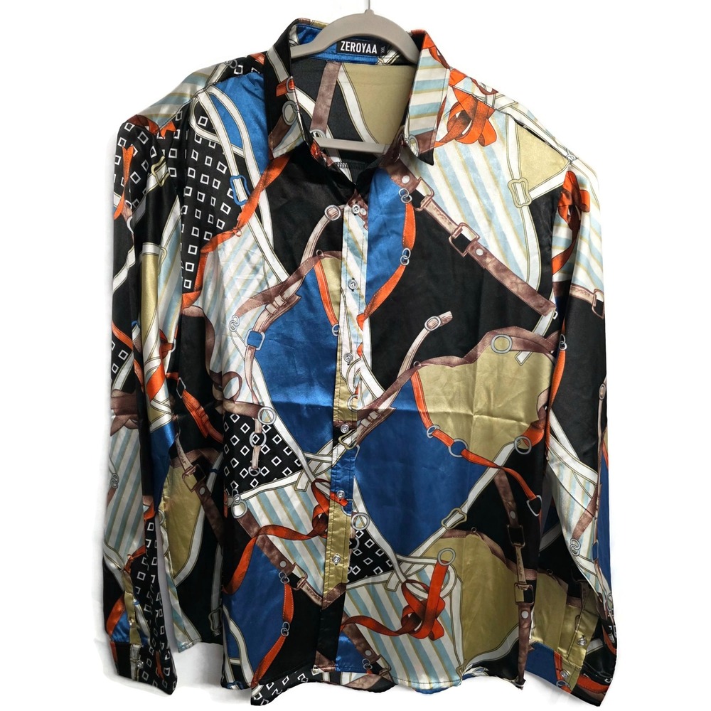 ZEROYAA Men's Luxury Printed Silk Like Satin Button Dress Shirt for Party XXL